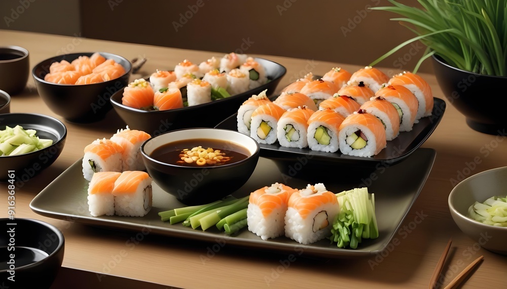 Sushi rolls are on a tray with other sushi Sushi rolls are on a tray with other sushi
