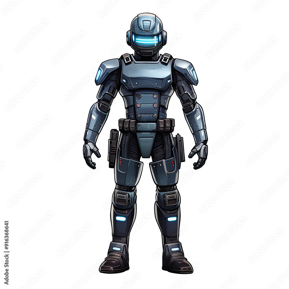 An illustration of a robot police looking at the camera An illustration of a robot police looking at the camera