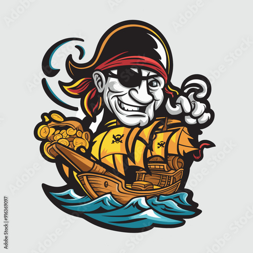 pirate head design icon with Pirate Ship