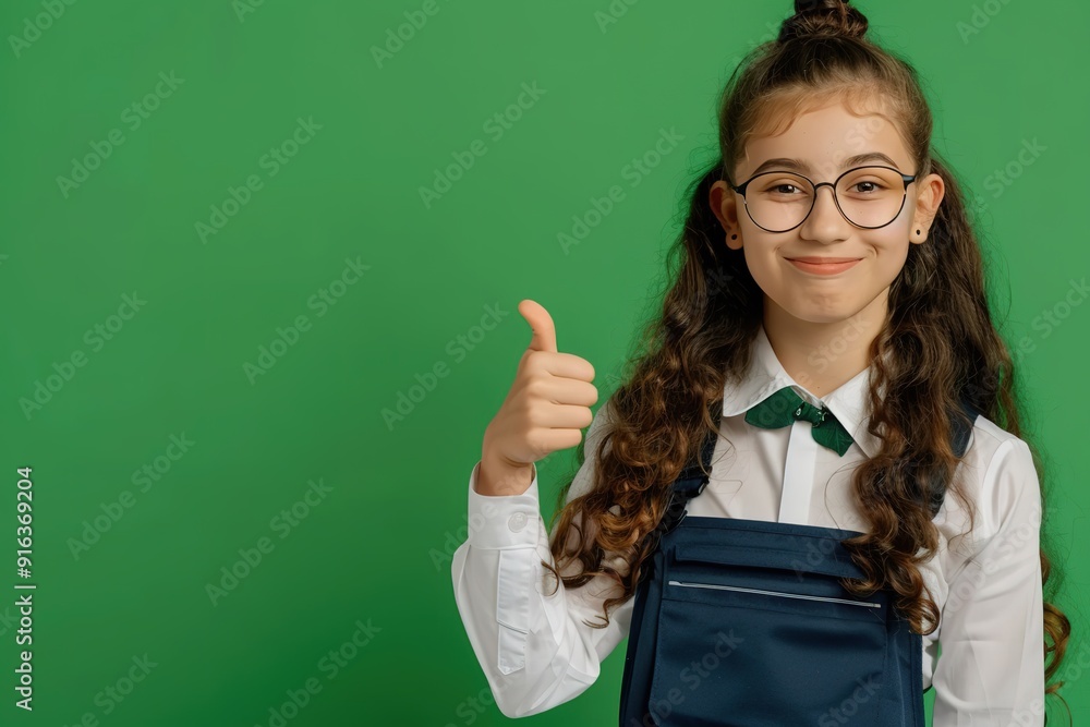 Smiling schoolgirl with thumbs up on green background Smiling schoolgirl with thumbs up on green background