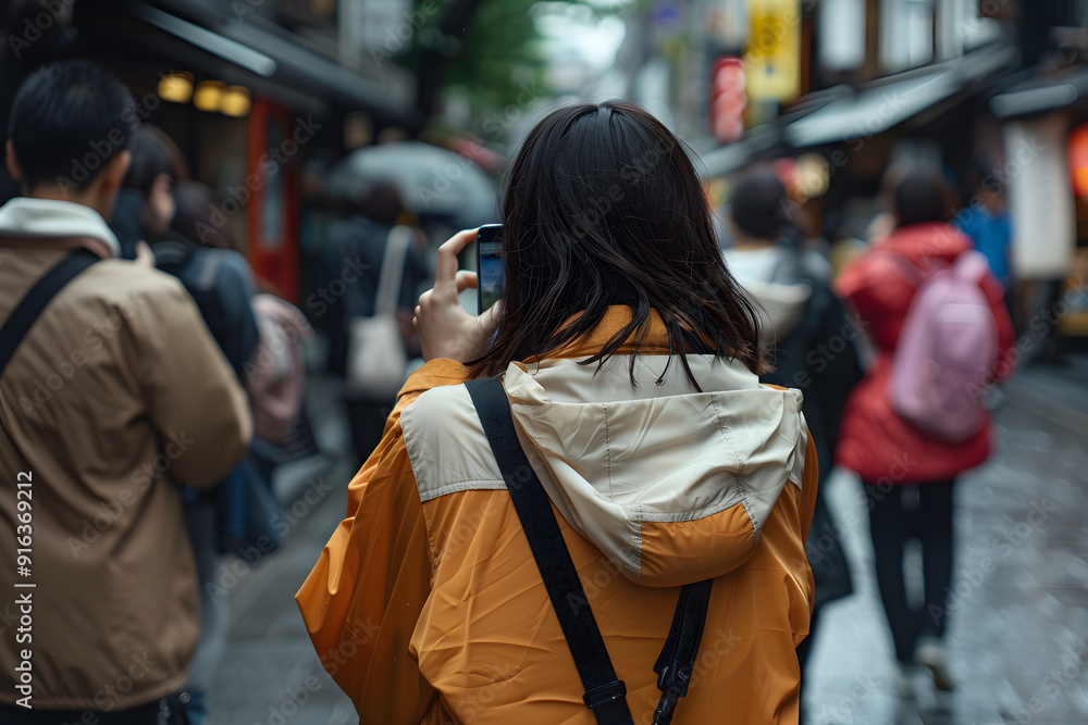 Fototapeta premium People who take pictures of the streets on their phones while traveling