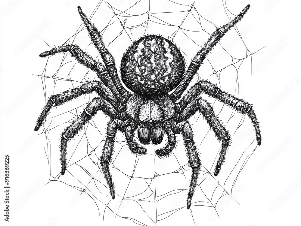 Obraz premium Black and white Vintage engraved art of a spider crawling on a web with intricate details, isolated on white background, ink sketch illustration, simple vector art design, highly detailed line art