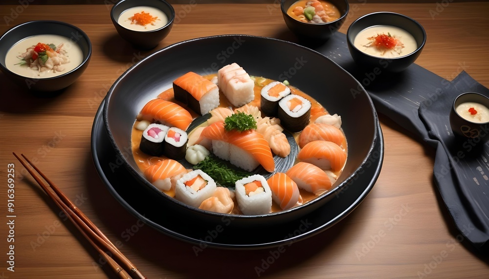 Sushi rolls are on a tray with other sushi Sushi rolls are on a tray with other sushi