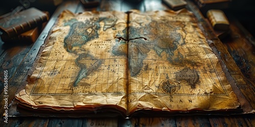 Ancient World Map on Wooden Table