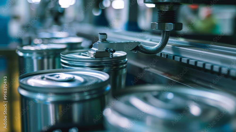 A close-up of a machine sealing lids on cans in a food processing plant A close-up of a machine sealing lids on cans in a food processing plant