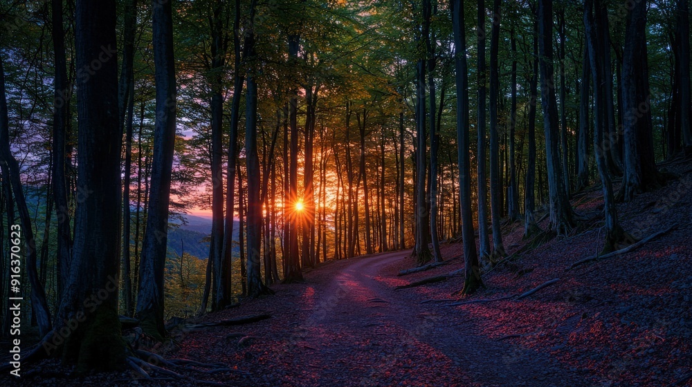 Obraz premium A serene forest path leading into a sunset, surrounded by tall trees and vibrant colors, perfect for nature lovers and tranquility seekers.