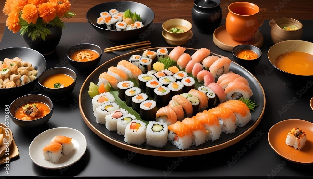 Sushi rolls are on a tray with other sushi Sushi rolls are on a tray with other sushi