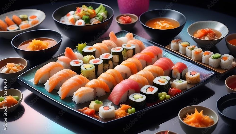 Sushi rolls are on a tray with other sushi Sushi rolls are on a tray with other sushi