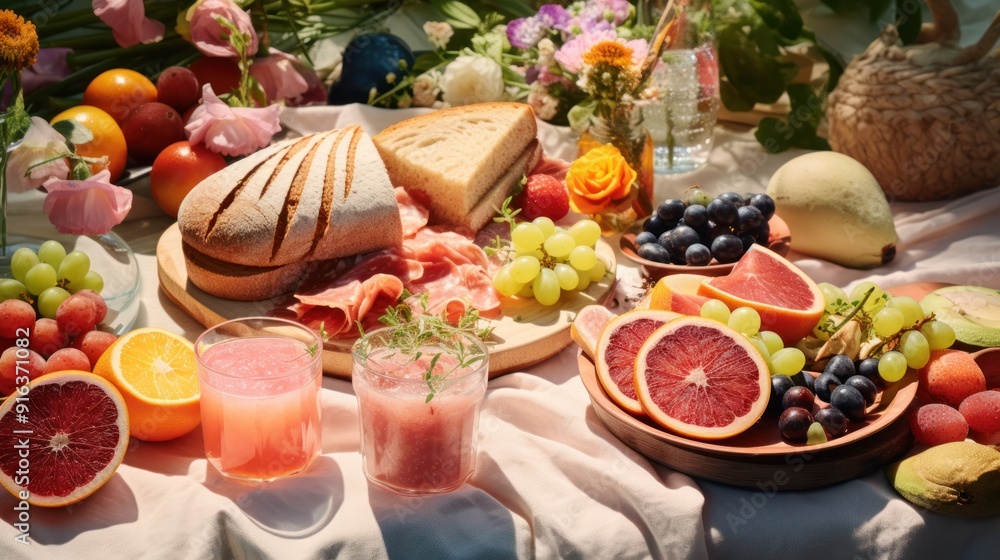 Photograph of a vibrant summer picnic set up on a pastel pink blanket Photograph of a vibrant summer picnic set up on a pastel pink blanket