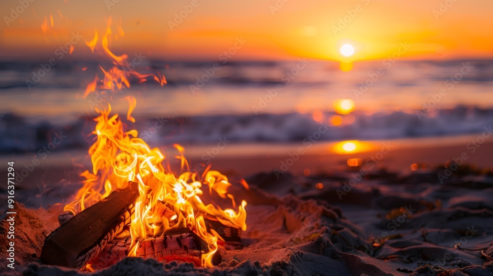 a campfire on a beach at sunset. ocean waves gently rolling in, with the sun setting on the horizon background. a campfire on a beach at sunset. ocean waves gently rolling in, with the sun setting on the horizon background.
