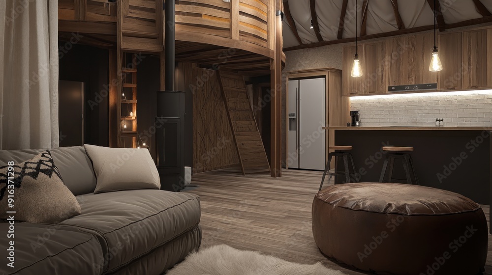 Cozy living room with a couch, a fireplace, and a loft. Cozy living room with a couch, a fireplace, and a loft.