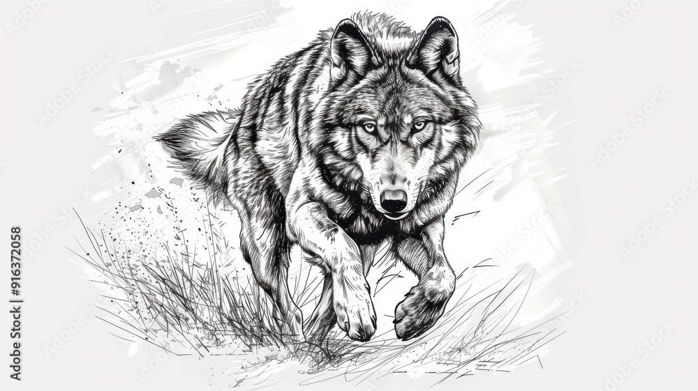 Fototapeta premium Black and white Vintage engraved art of a wolf running towards the camera, isolated on white background, ink sketch illustration, simple vector art design, highly detailed line art