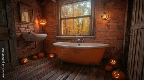 A spooky bathroom with a clawfoot tub and jack-o-lanterns lit for Halloween. photo