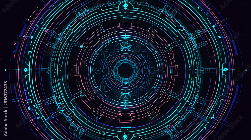 Obraz premium Futuristic Mandala with Neon Glows and Digital Patterns on a Dark Background, Featuring Generous Copy Space for Text or Informational Elements