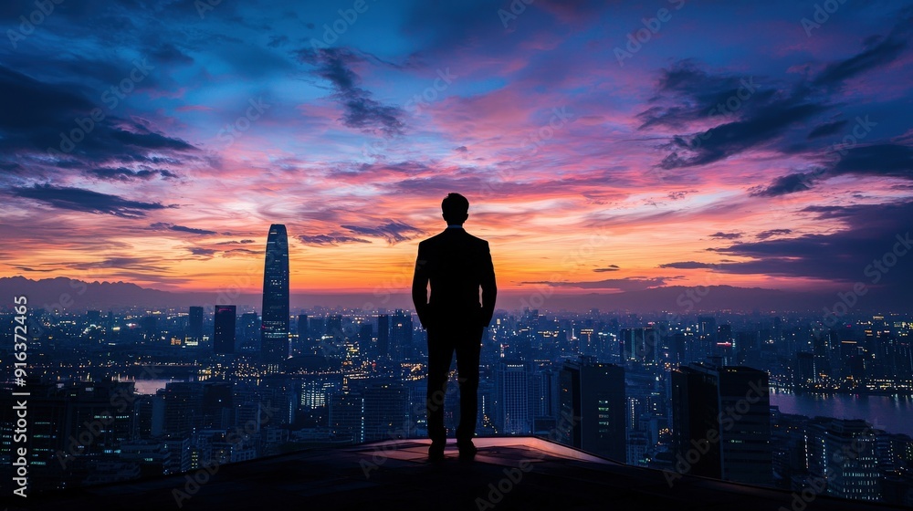 Fototapeta premium Silhouette of a business person gazing at a vibrant city skyline during sunset, signifying ambition and inspiration.
