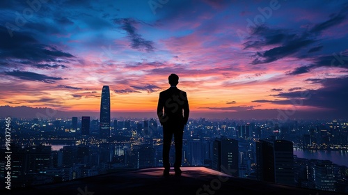 Silhouette of a business person gazing at a vibrant city skyline during sunset, signifying ambition and inspiration. photo