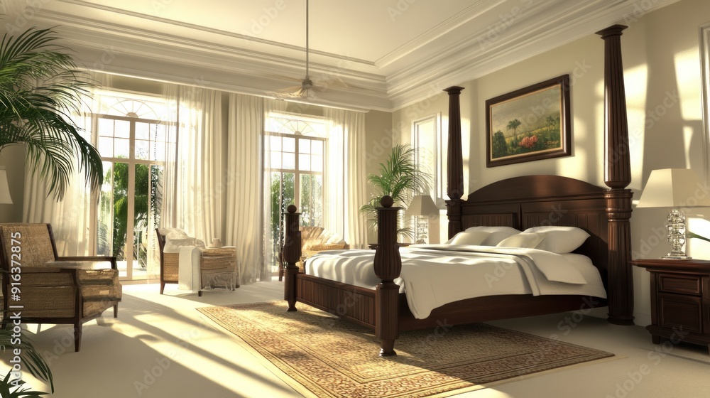 Fototapeta premium A spacious bedroom with a four-poster bed, white curtains, a ceiling fan, and a large window with a view of palm trees.