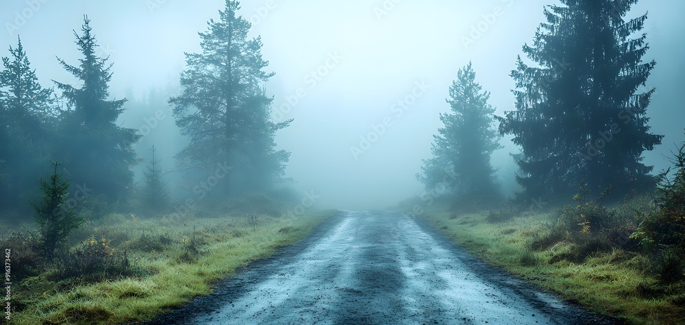 A serene forest trail enveloped in morning fog, where pine trees and lush greenery create an ethereal atmosphere of tranquility. A serene forest trail enveloped in morning fog, where pine trees and lush greenery create an ethereal atmosphere of tranquility.