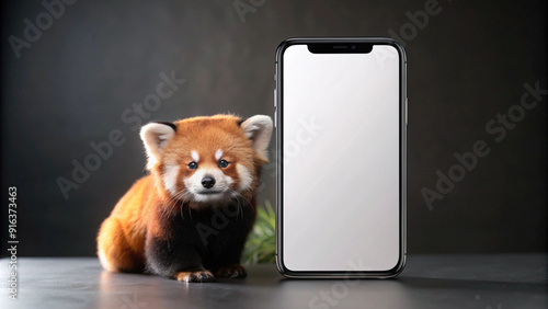 A red panda sits next to a smartphone with a white screen.