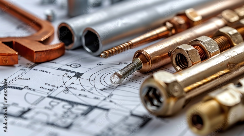 Obraz premium Wrenches and bolts on top of an architectural drawing with a composition of construction technical equipment with slight metallic tones of copper and brass
