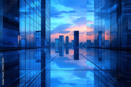 Blue Cityscape Background on Mirror Floor with Reflection.3d Rendering Building at Sunset with generative ai