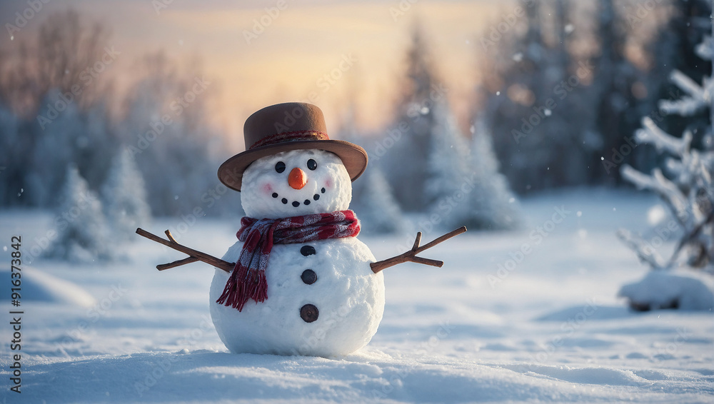 A happy snowman with a brown hat and red scarf stands joyfully in a snowy field, exuding holiday spirit at twilight. A happy snowman with a brown hat and red scarf stands joyfully in a snowy field, exuding holiday spirit at twilight.