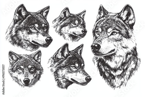 Black and white Vintage engraved art of set of different actions of wolf portrait isolated on white background, ink sketch illustration, simple vector art design, highly detailed line art