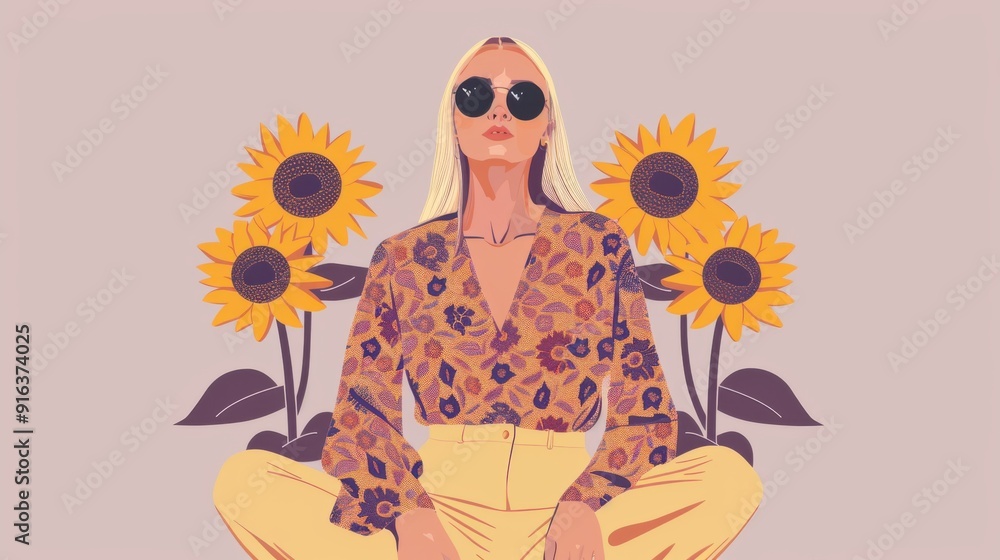 Chinese minimalism illustration, a Caucasian woman with straight blonde hair wearing a patterned tunic and round sunglasses, sitting cross-legged, sunflowers, flat illustration Chinese minimalism illustration, a Caucasian woman with straight blonde hair wearing a patterned tunic and round sunglasses, sitting cross-legged, sunflowers, flat illustration