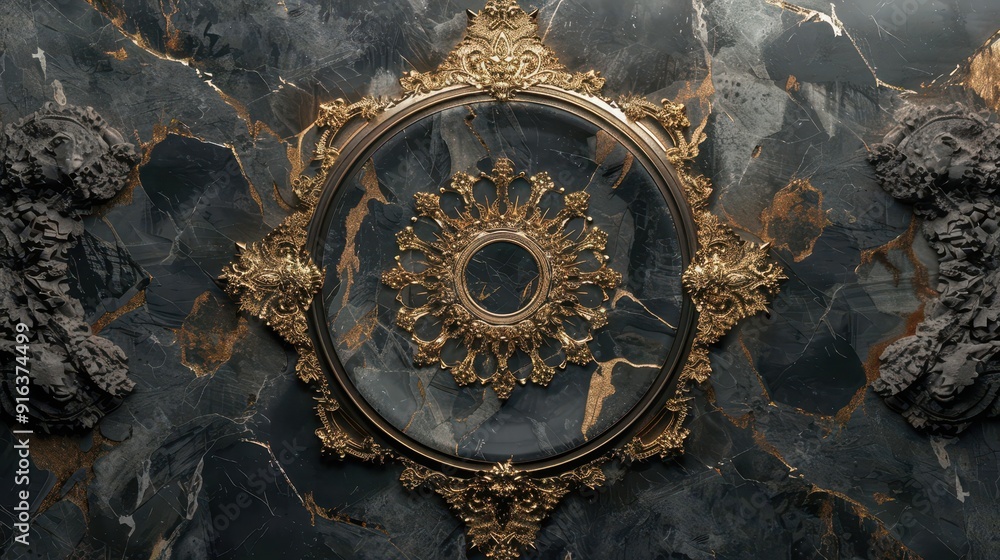 An ornate mirror is centered against a richly veined dark marble wall adorned with detailed carvings