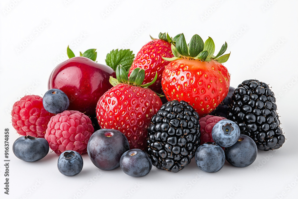 a group of fruits strawberry, raspberry, blackcurrant, blackberry and cherry, blue berry, white background a group of fruits strawberry, raspberry, blackcurrant, blackberry and cherry, blue berry, white background