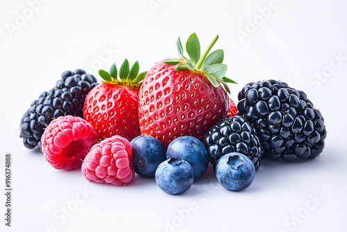 a group of fruits strawberry, raspberry, blackcurrant, blackberry and cherry, blue berry, white background