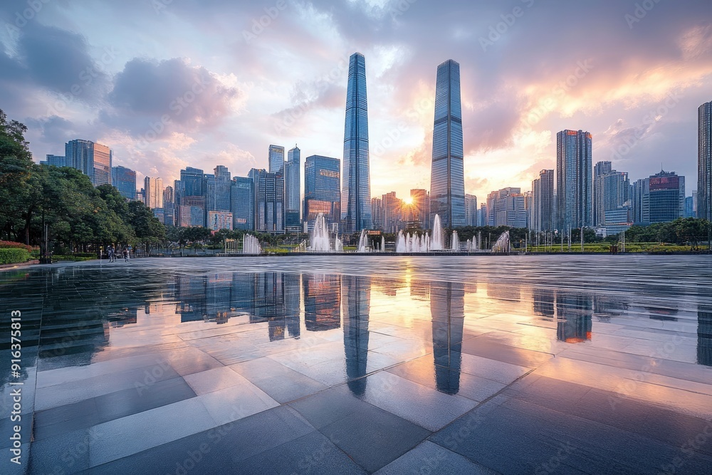 Obraz premium City square and skyline with modern buildings in Shenzhen at sunset, Guangdong Province, China with generative ai