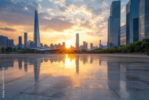 Wallpaper Mural City square and skyline with modern buildings in Shenzhen at sunset, Guangdong Province, China with generative ai Torontodigital.ca