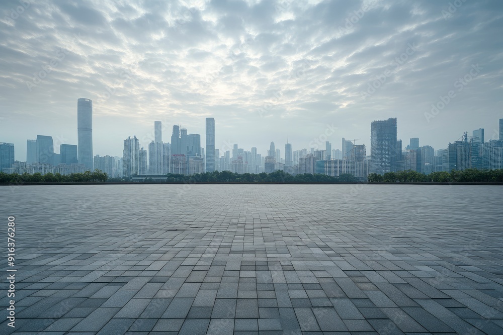 Guangzhou city center empty brick floor and skyline in China with generative ai Guangzhou city center empty brick floor and skyline in China with generative ai
