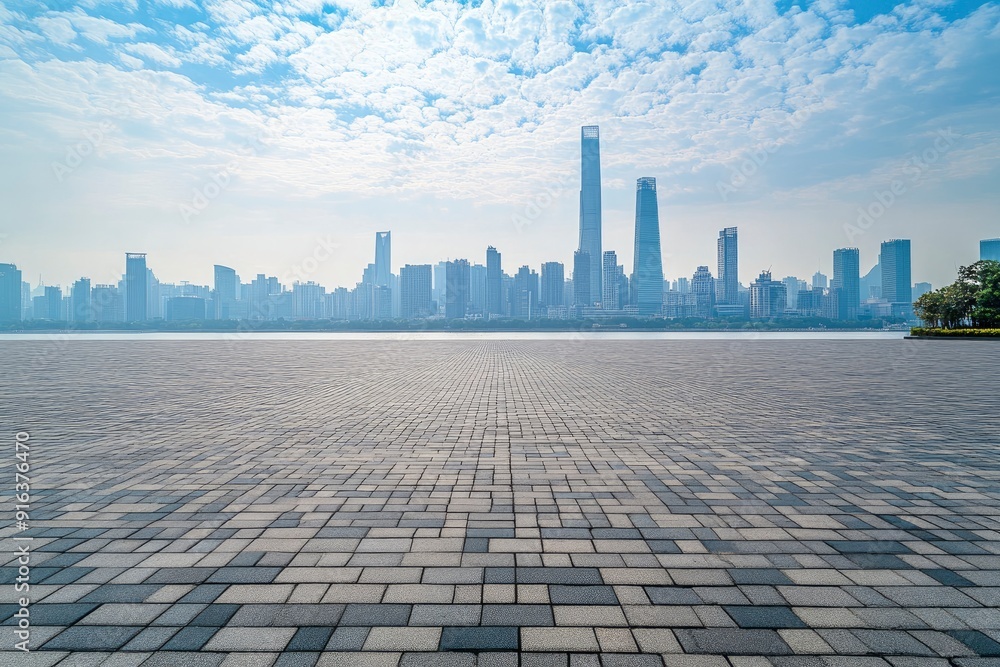 Guangzhou city center empty brick floor and skyline in China with generative ai Guangzhou city center empty brick floor and skyline in China with generative ai