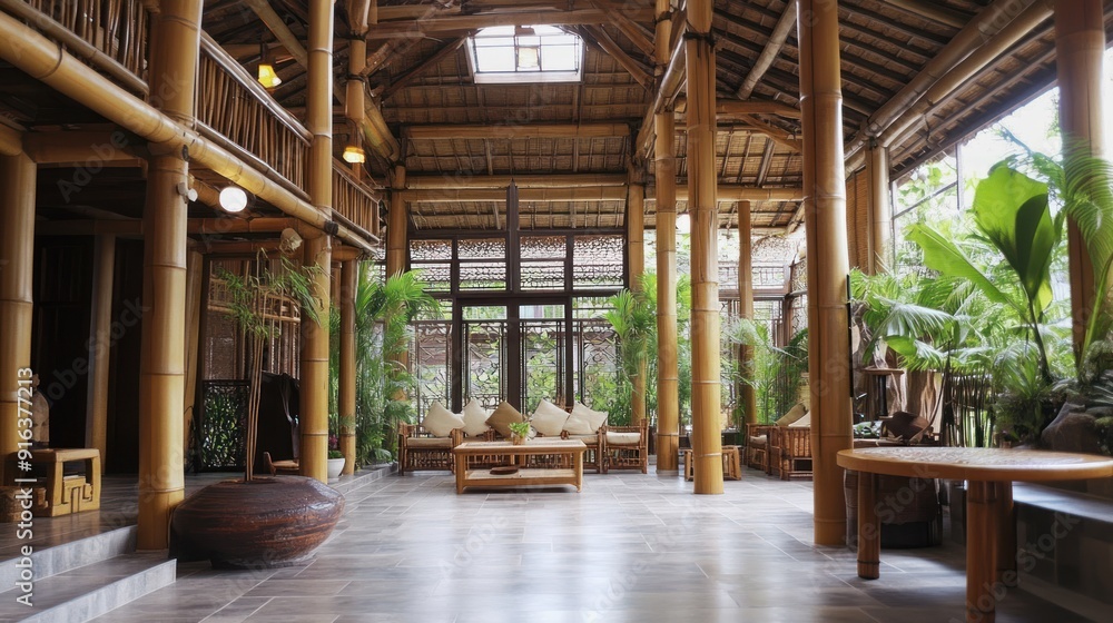 Fototapeta premium A modern, spacious interior featuring a bamboo framework and natural light.