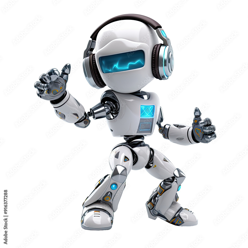 An illustration of a robot wearing headphones and celebrating An illustration of a robot wearing headphones and celebrating