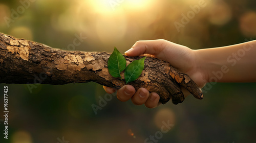 Close-up of two hands holding a tree branch with green leaves and organic soil, symbolizing nature conservation and eco-friendly collaboration in a forest environment. Earth Day banner design emphasiz