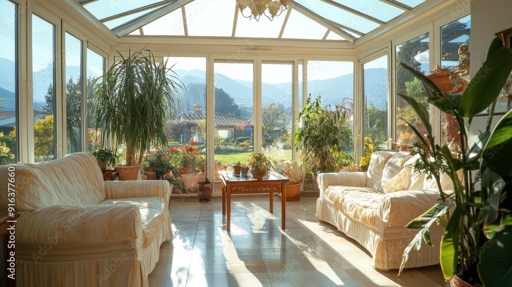 Fototapeta premium A sunny conservatory with large windows, two white sofas, a wooden table, and plants.