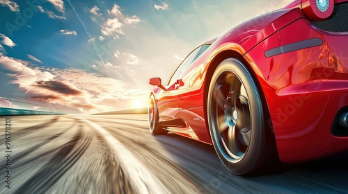 Red Business car on high speed in turn. Super