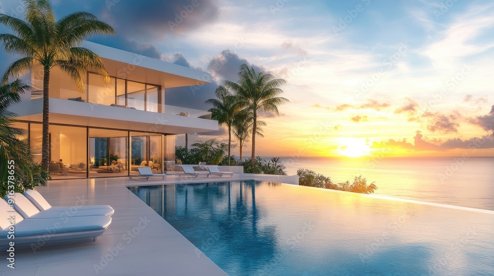 Fototapeta premium A modern white house with a large pool, palm trees, and lounge chairs in the foreground, overlooking a stunning sunset over the ocean.