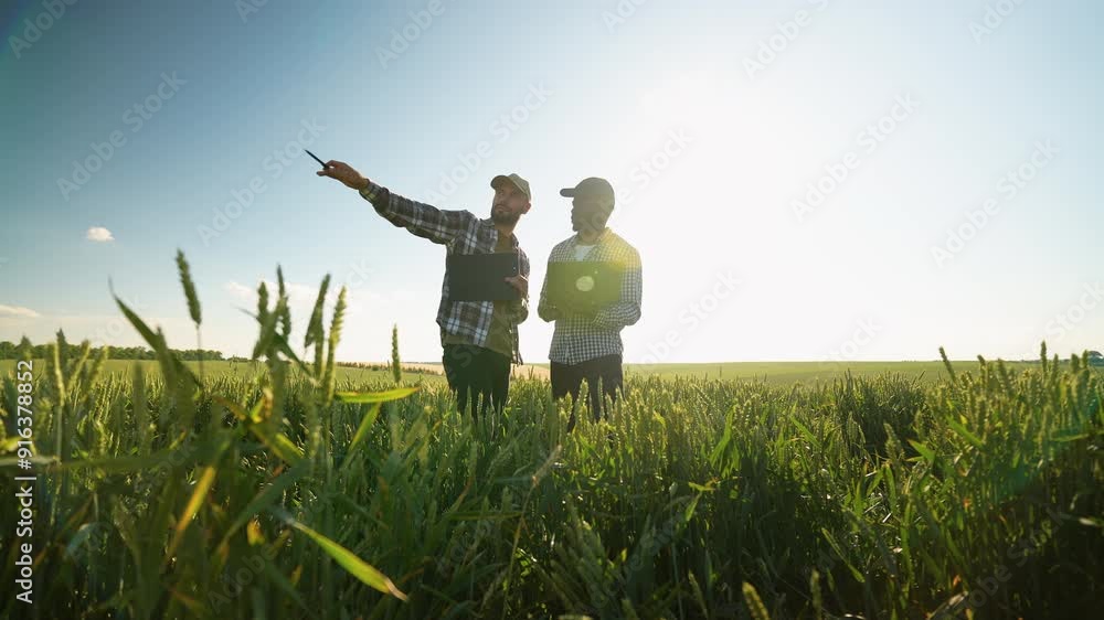 Two multiracial agronomists discuss harvest and crops among ears of wheat with grain Two multiracial agronomists discuss harvest and crops among ears of wheat with grain