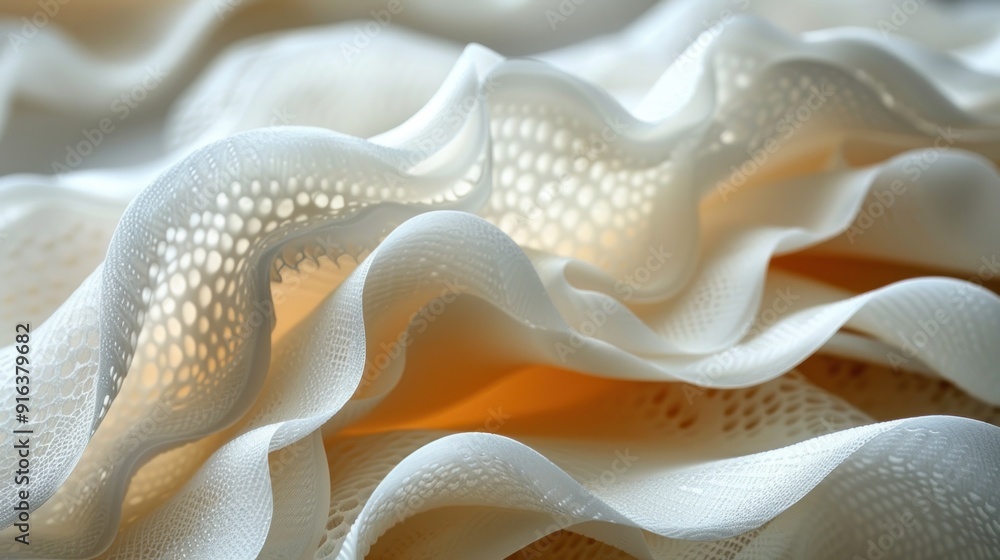 The wave pattern of white cloth napkins stacked together, with the texture clearly visible on the surface highlights the intricate details The wave pattern of white cloth napkins stacked together, with the texture clearly visible on the surface highlights the intricate details