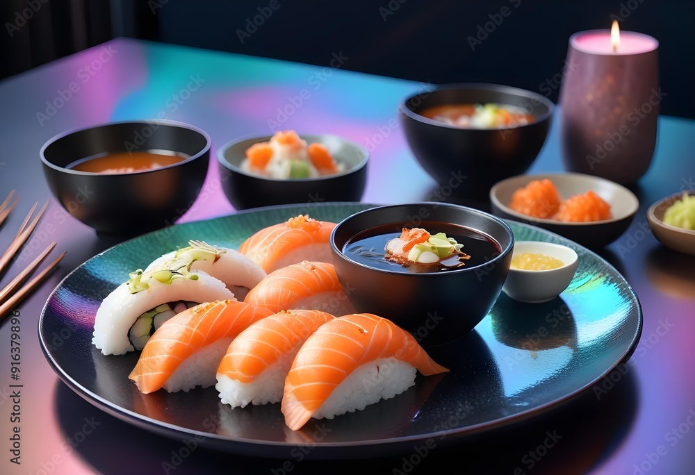 Sushi rolls are on a tray with other sushi Sushi rolls are on a tray with other sushi