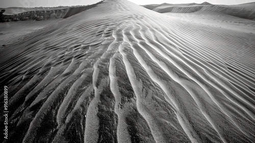 Fototapeta Naklejka Na Ścianę i Meble -  Black and white image of the wind creating patterns on the surface of a sand dune