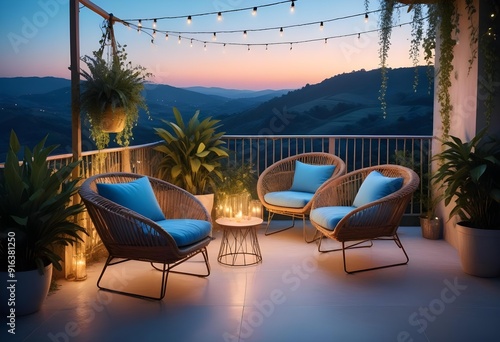 A table with chairs and a table with a view of mountains and the sun photo