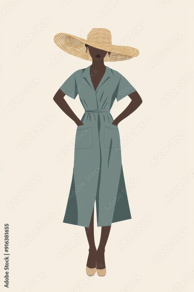 Minimalism illustration, a Black woman, wearing a recycled denim dress with a woven straw hat, standing with hands in pockets, eco-friendly fashion, boho, flat illustration on light sage background Minimalism illustration, a Black woman, wearing a recycled denim dress with a woven straw hat, standing with hands in pockets, eco-friendly fashion, boho, flat illustration on light sage background