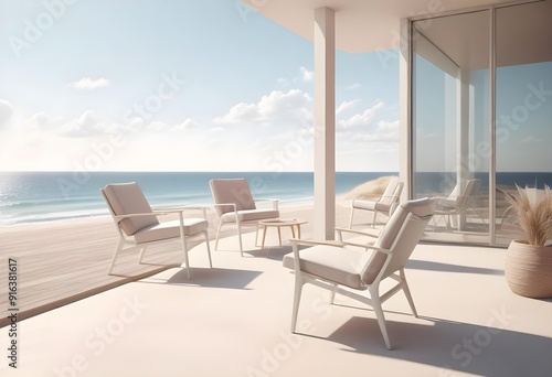 A table with chairs and a table with a view of mountains and the sun photo