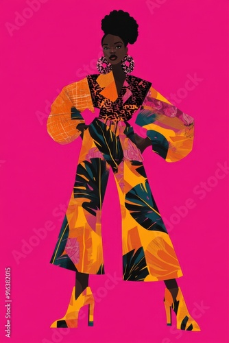 Minimalism illustration, a Black woman, wearing a sculptural outfit with voluminous layers and bold prints, posed with one hand on her hip and a confident stance, avant-garde fashion, boho