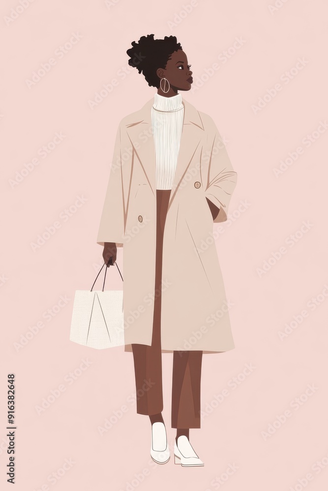 Minimalism illustration, a Black woman, wearing a wool trench coat with a high-neck sweater and classic dress pants, holding a chic handbag, classic fashion, boho, flat illustration on muted pink Minimalism illustration, a Black woman, wearing a wool trench coat with a high-neck sweater and classic dress pants, holding a chic handbag, classic fashion, boho, flat illustration on muted pink